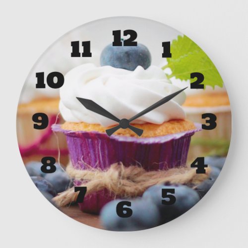 Delicious Blueberry Cupcake with Whipped Cream Large Clock