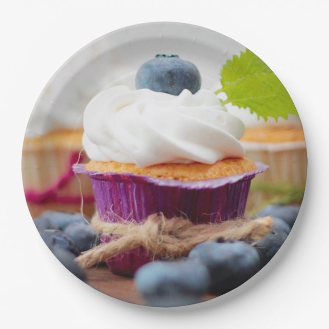 Delicious Blueberry Cupcake with Whipped Cream Paper Plates (Front)