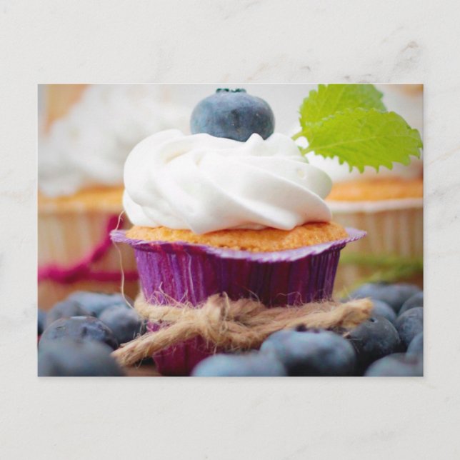Delicious Blueberry Cupcake with Whipped Cream Postcard (Front)