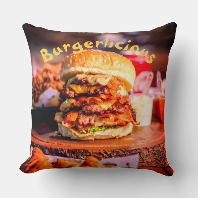 Delicious Burger Throw Pillow (Front)