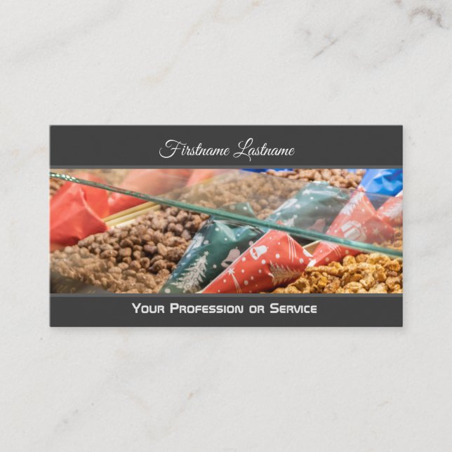 Delicious candy shop with sweet roasted almonds business card (Front)