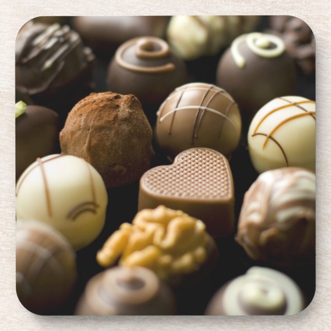 Delicious chocolate pralines drink coaster (Front)