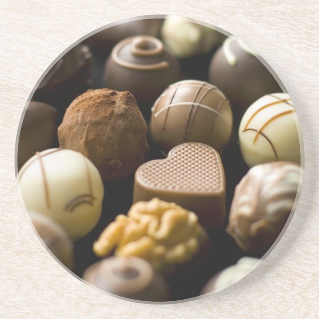 Delicious chocolate pralines sandstone coaster (Front)