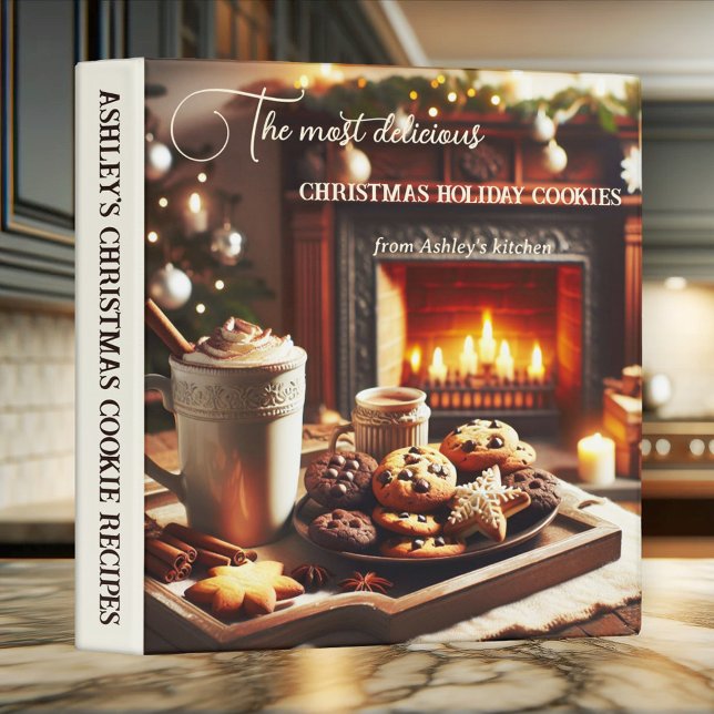 Delicious Cookies Christmas Recipe Binder (Recipe binder featuring Christmas cookies with hot chocolate and a fireplace with festive lights)