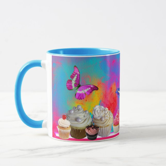 DELICIOUS CUPCAKES AND BUTTERFLIES Pink Blue Mug (Left)