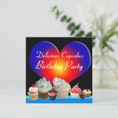 DELICIOUS CUPCAKES BIRTHDAY PARTY blue red heart Invitation (Standing Front)