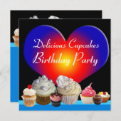 DELICIOUS CUPCAKES BIRTHDAY PARTY blue red heart Invitation (Front/Back)