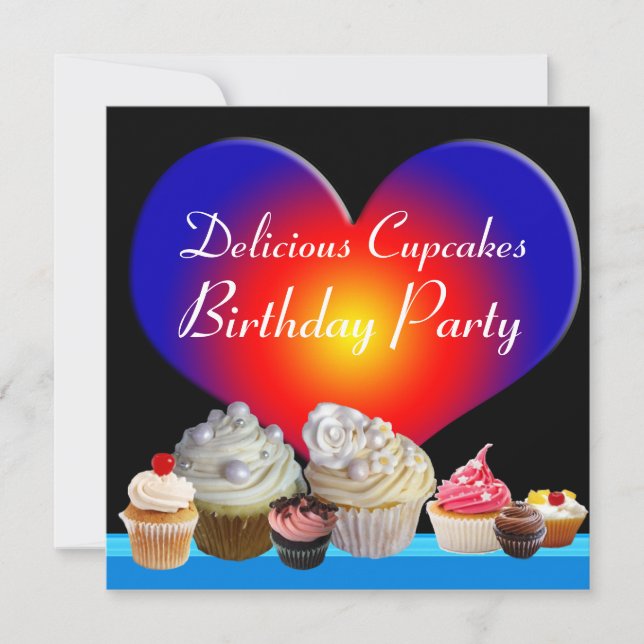 DELICIOUS CUPCAKES BIRTHDAY PARTY blue red heart Invitation (Front)