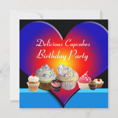 DELICIOUS CUPCAKES BIRTHDAY PARTY Blue Red Heart Invitation