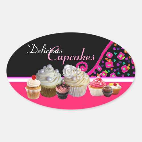 DELICIOUS CUPCAKES BIRTHDAY PARTY Pink Dots Oval Sticker