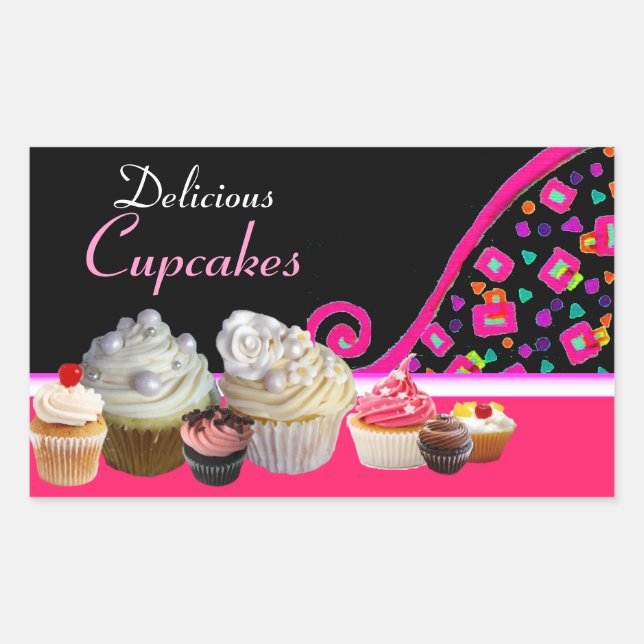DELICIOUS CUPCAKES BIRTHDAY PARTY Pink Dots Rectangular Sticker (Front)