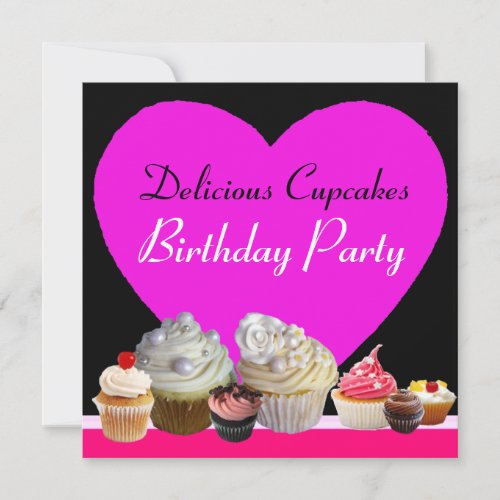 DELICIOUS CUPCAKES BIRTHDAY PARTY pink heart black Invitation