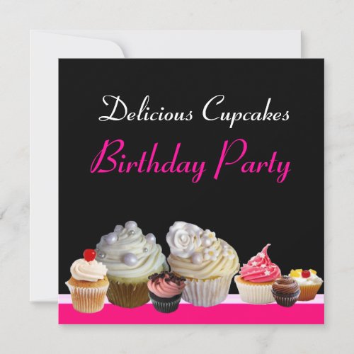 DELICIOUS CUPCAKES BIRTHDAY PARTY pink red black Invitation