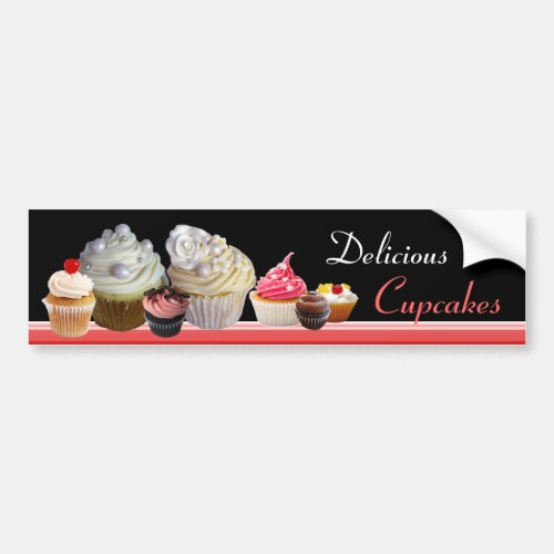 DELICIOUS CUPCAKES BIRTHDAY PARTY red pink black Bumper Sticker