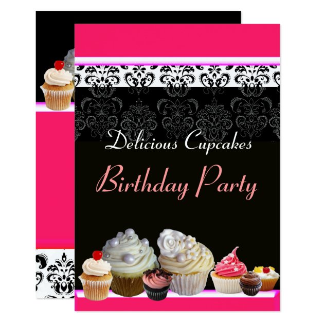 DELICIOUS CUPCAKES BIRTHDAY PARTY ,red Pink Black Invitation