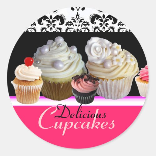 DELICIOUS CUPCAKES BIRTHDAY PARTY red pink black Classic Round Sticker