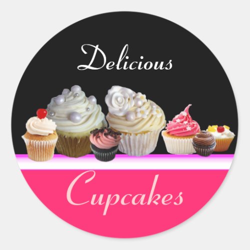 DELICIOUS CUPCAKES BIRTHDAY PARTY red pink black Classic Round Sticker