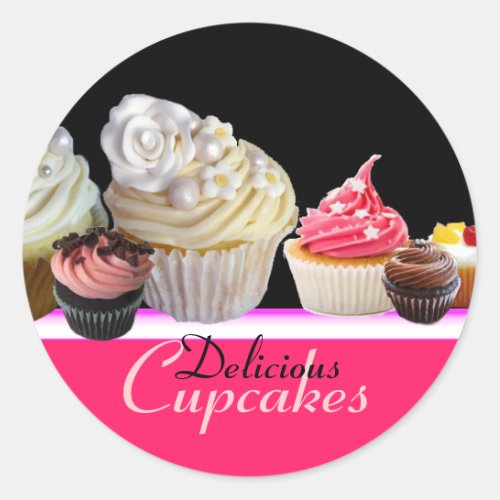 DELICIOUS CUPCAKES BIRTHDAY PARTY red pink black Classic Round Sticker