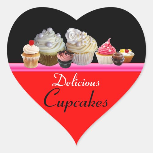 DELICIOUS CUPCAKES BIRTHDAY PARTY red pink black Heart Sticker