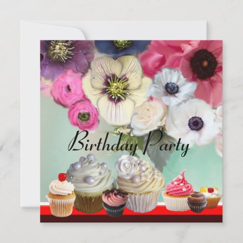 DELICIOUS CUPCAKES BIRTHDAY PARTY red pink black Invitation