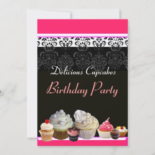 DELICIOUS CUPCAKES BIRTHDAY PARTY red pink black Invitation