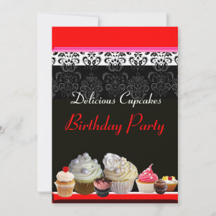DELICIOUS CUPCAKES BIRTHDAY PARTY ,red pink black Invitation