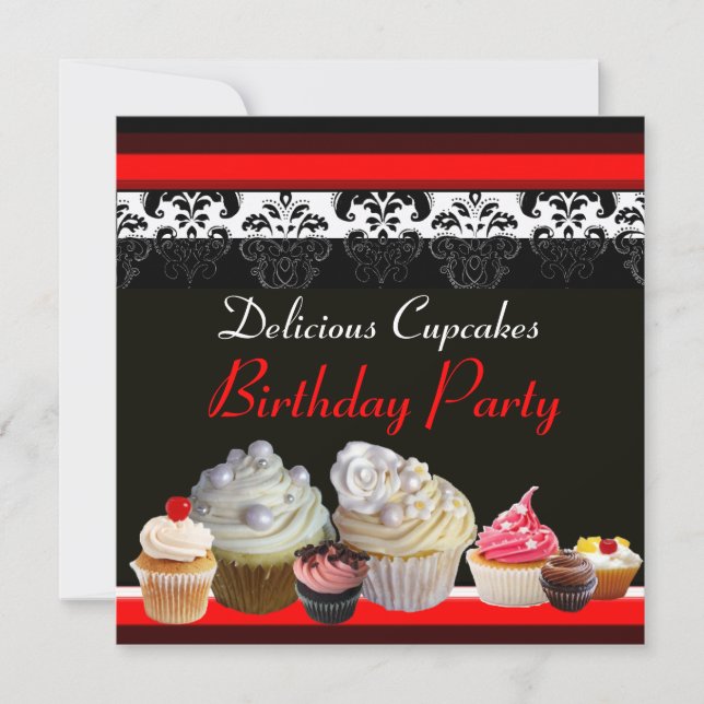 DELICIOUS CUPCAKES BIRTHDAY PARTY ,red pink black Invitation (Front)