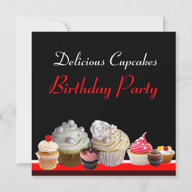 DELICIOUS CUPCAKES BIRTHDAY PARTY ,red pink black Invitation (Front)