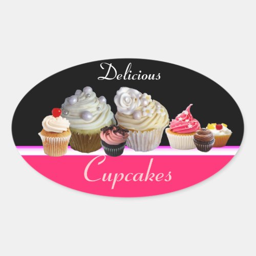 DELICIOUS CUPCAKES BIRTHDAY PARTY red pink black Oval Sticker