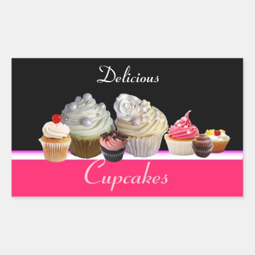 DELICIOUS CUPCAKES BIRTHDAY PARTY red pink black Rectangular Sticker