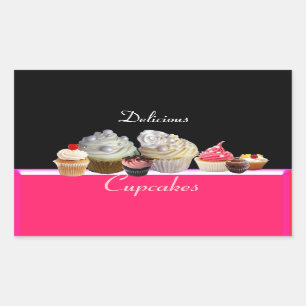 DELICIOUS CUPCAKES BIRTHDAY PARTY ,red pink black Rectangular Sticker