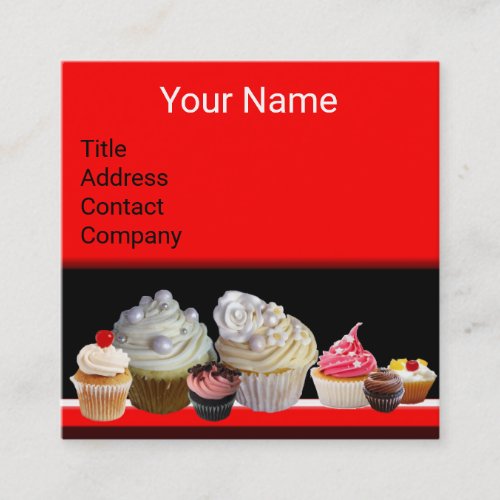 DELICIOUS CUPCAKES DESERT SHOP Black Red Bakery Square Business Card