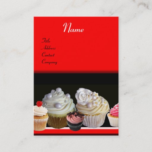 Customizable DELICIOUS CUPCAKES DESERT SHOP, black red Business Card Template