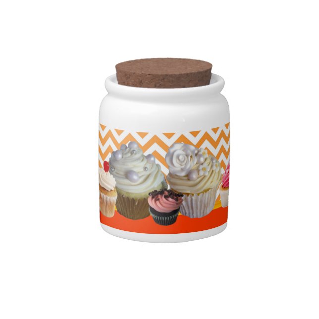 DELICIOUS CUPCAKES DESERT SHOP,Orange Chevron Candy Jar (Front)