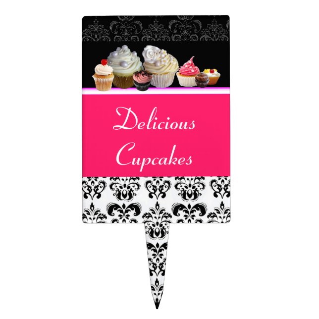 DELICIOUS CUPCAKES DESERT SHOP,Pink Black Damask Cake Topper (Front)