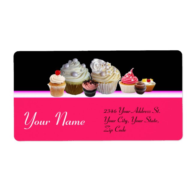DELICIOUS CUPCAKES DESERT SHOP, Pink Black Fuchsia Label (Front)