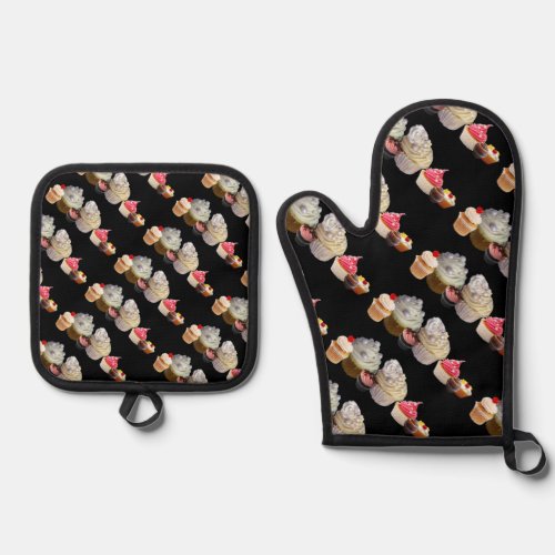 DELICIOUS CUPCAKES DESERT SHOP Pink Black Fuchsia Oven Mitt  Pot Holder Set