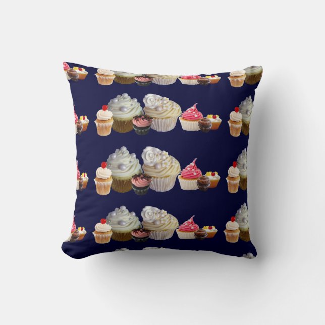 DELICIOUS CUPCAKES DESERT SHOP, Pink Black Fuchsia Throw Pillow (Front)
