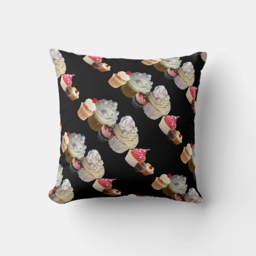 DELICIOUS CUPCAKES DESERT SHOP Pink Black Fuchsia Throw Pillow