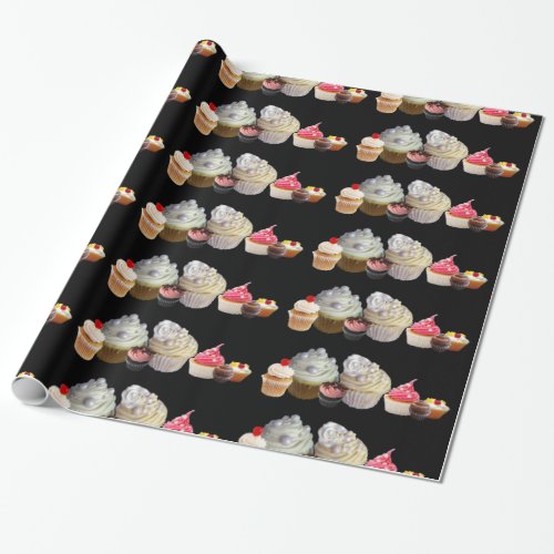 DELICIOUS CUPCAKES DESERT SHOP Pink Black Red Wrapping Paper