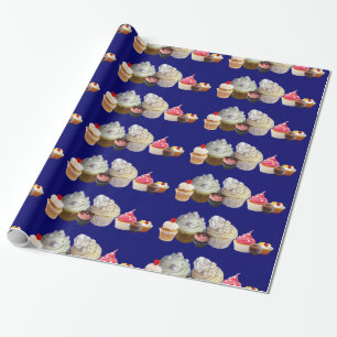 DELICIOUS CUPCAKES DESERT SHOP, Pink Blue White Wrapping Paper