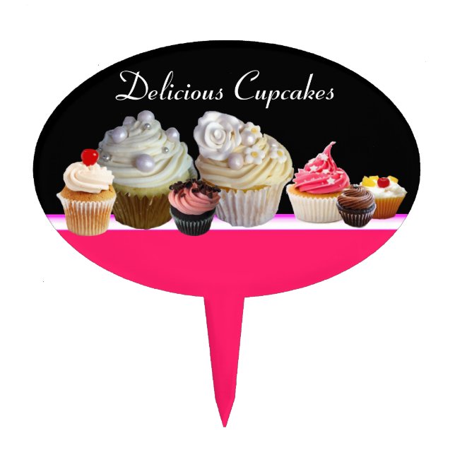 DELICIOUS CUPCAKES DESERT SHOP, Pink Fuchsia Black Cake Topper (Front)