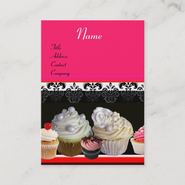 DELICIOUS CUPCAKES DESERT SHOP, Pink Fuchsia Red Business Card (Front)