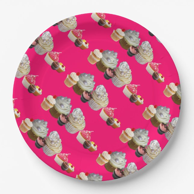 DELICIOUS CUPCAKES DESERT SHOP, Pink,Fuchsia White Paper Plates (Front)