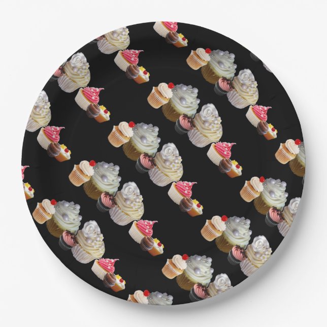 DELICIOUS CUPCAKES DESERT SHOP, Pink,Fuchsia White Paper Plates (Front)