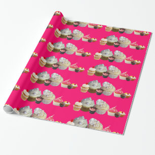 DELICIOUS CUPCAKES DESERT SHOP, Pink Fuchsia White Wrapping Paper