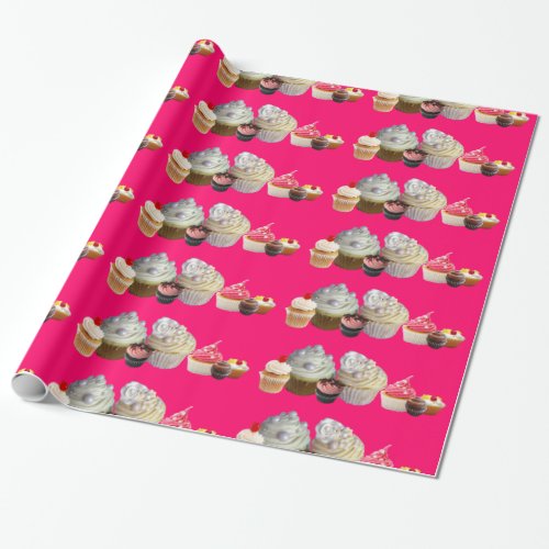 DELICIOUS CUPCAKES DESERT SHOP Pink Fuchsia White Wrapping Paper