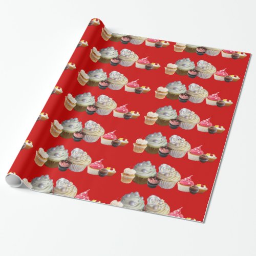 DELICIOUS CUPCAKES DESERT SHOP Pink Red White Wrapping Paper