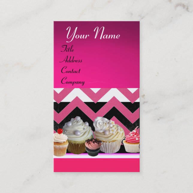 DELICIOUS CUPCAKES DESERT SHOP PINK WHITE CHEVRON BUSINESS CARD (Front)