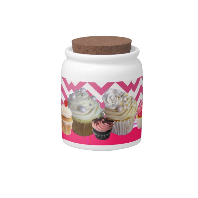 DELICIOUS CUPCAKES DESERT SHOP, Pink White Chevron Candy Jar (Front)